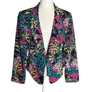 Bisou Bisou Floral Blazer Jacket Large Black Hook Eye Closure Shoulder Pads